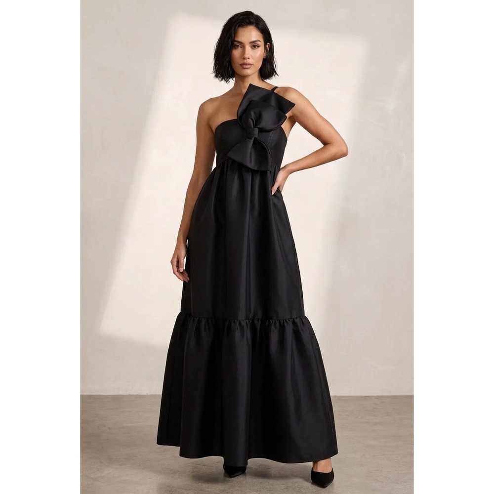 Petal & Pup Betina Bow Front One Shoulder Maxi Dress XL Black Smocked Cocktail